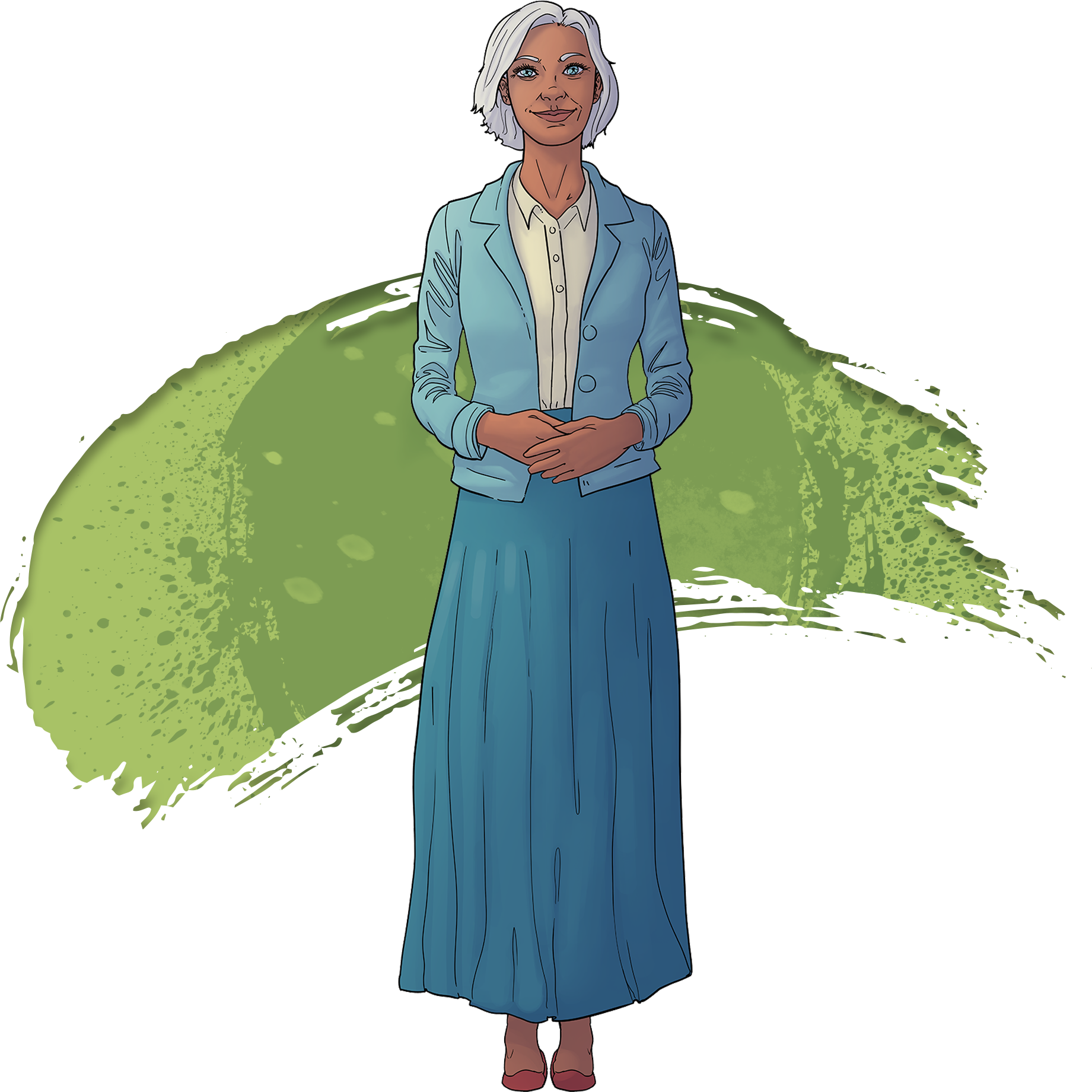A woman looks forward with a welcoming expression.