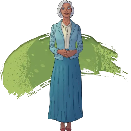 A woman looks forward with a welcoming expression.