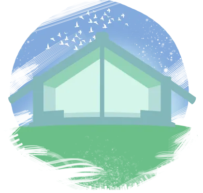 A marae with birds flying