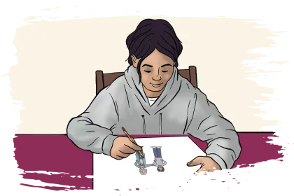 A young person drawing a picture of himself with an adult placing a hand on their shoulder.